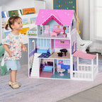 Casa de Bonecas de 3 Andares com Pátio Móveis Acessórios Bonita Casa de Bonecas de Madeira 86x30x87 cm Rosa — foto 2