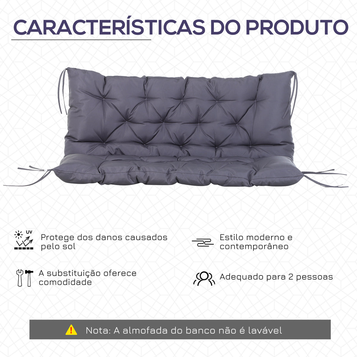 Almofada para Banco com Encosto 120x110x12cm Almofada de Banco de 2 Lugares com 6 Cordões de Fixação para Jardim Terraço Balcão Exterior Cinza — foto 5