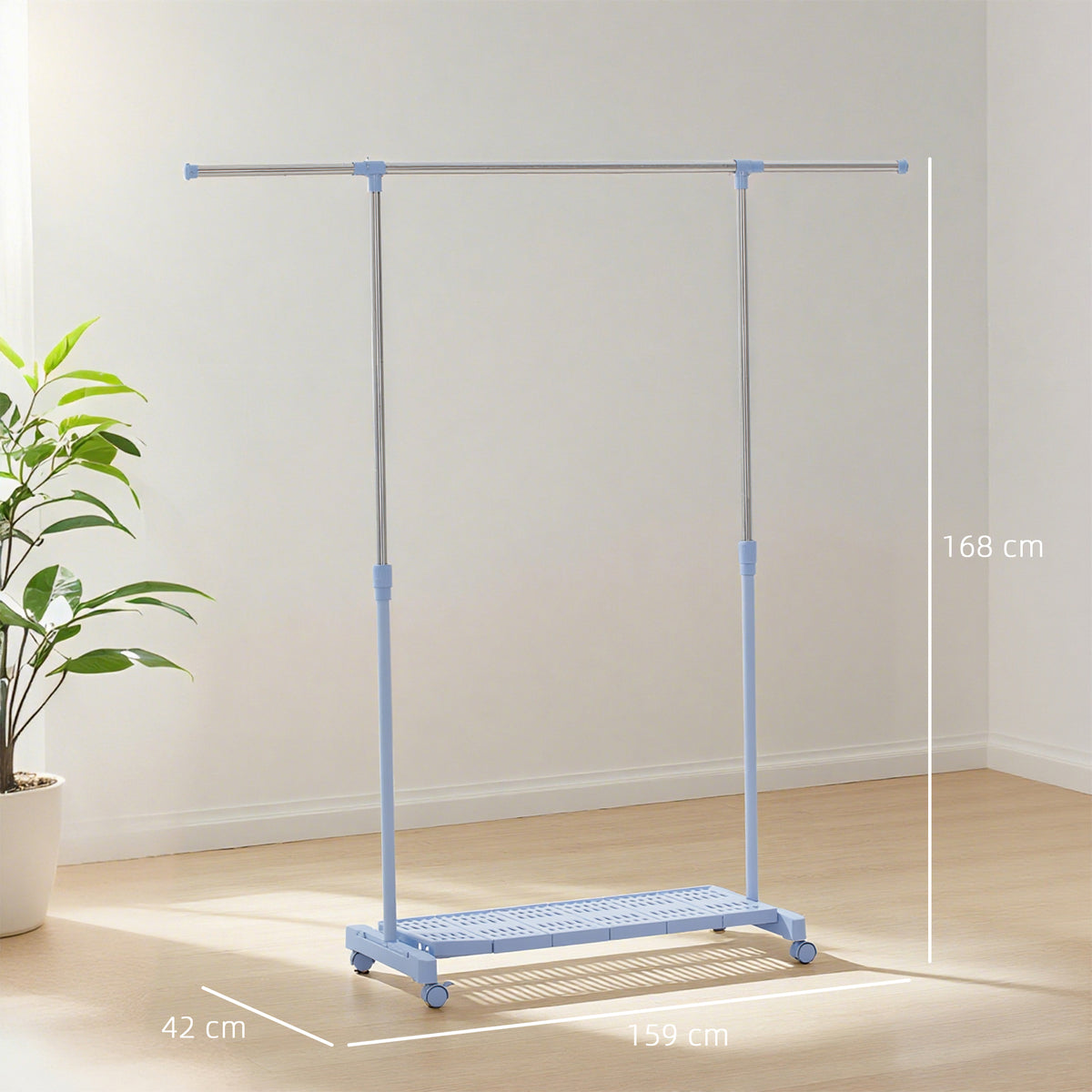 Charriot Extensível com Rodas Charriot de Roupa com Barra de Aço Inoxidável e Prateleira para Sapatos Altura Ajustável para Interior 94-159x42x93-168 cm Azul e Prateado — foto 3