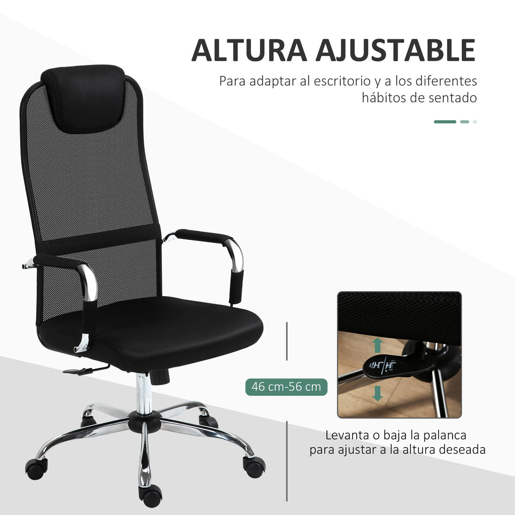 Cadeira de escritório ergonômica basculante e giratória com altura de assento ajustável com encosto de cabeça e malha de encosto alto 65,5x62,5x117-127 cm Preto — foto 4