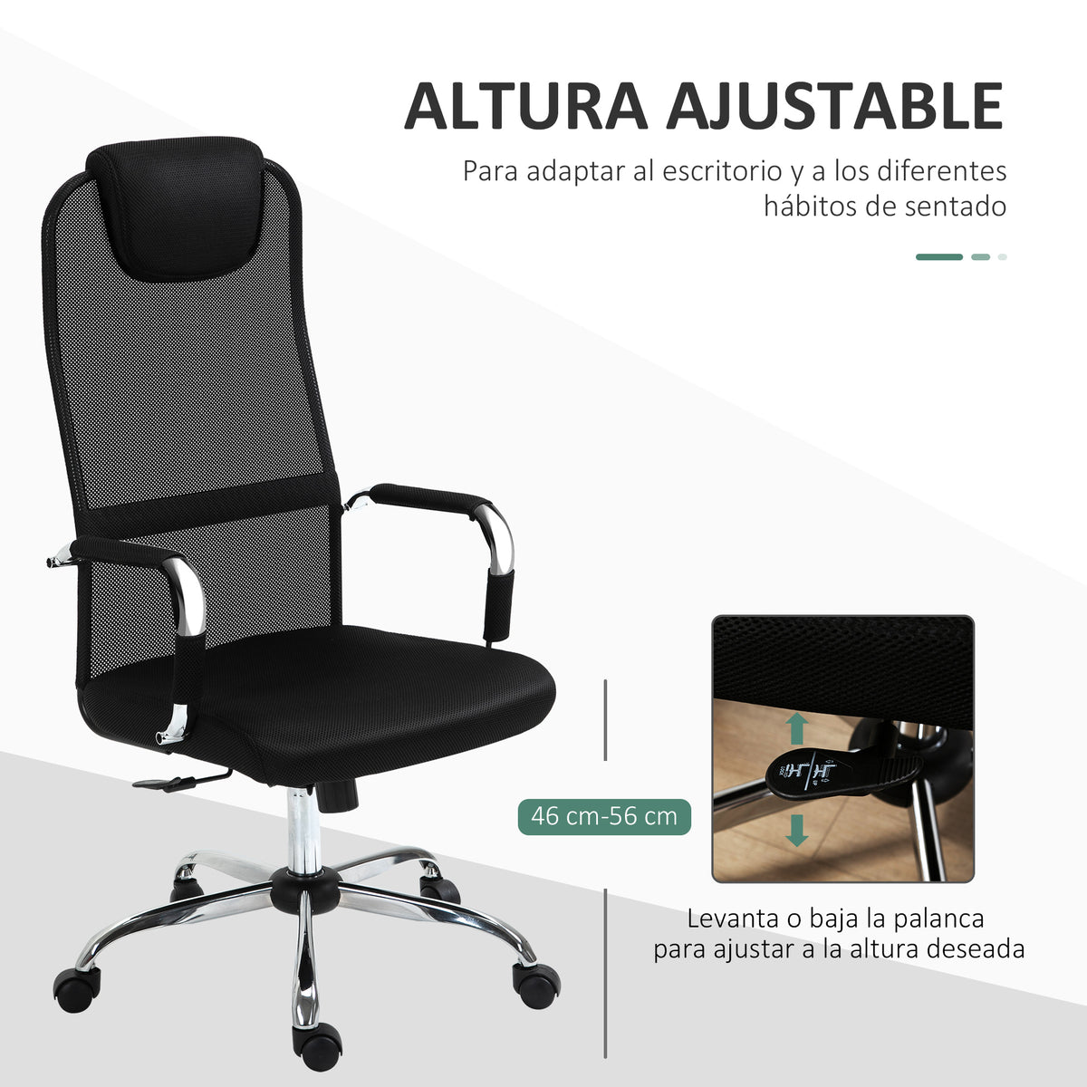 Cadeira de escritório ergonômica basculante e giratória com altura de assento ajustável com encosto de cabeça e malha de encosto alto 65,5x62,5x117-127 cm Preto — foto 4