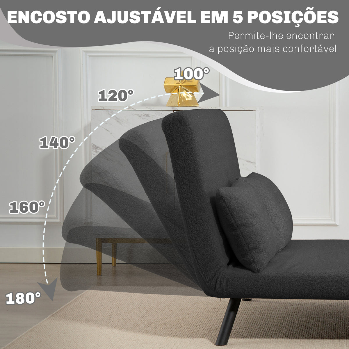 Sofá Cama Sofá Convertível em Cama de 2 Lugares Dobrável com Encosto Ajustável em 5 Níveis e 2 Almofadas Acolchoadas para Escritório Dormitório Sala de Estar 102x73x81 cm Cinza - Modelo 2 — foto 5