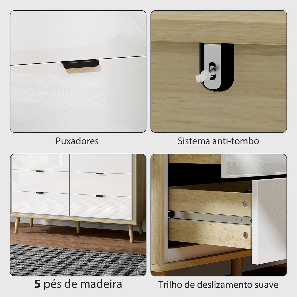 Cómoda 6 Gavetas Cómoda Quarto com Pernas de Madeira Cómoda para Sala Escritório Estilo Moderno 110x40x75 cm Branco Brilhante e Carvalho — foto 6