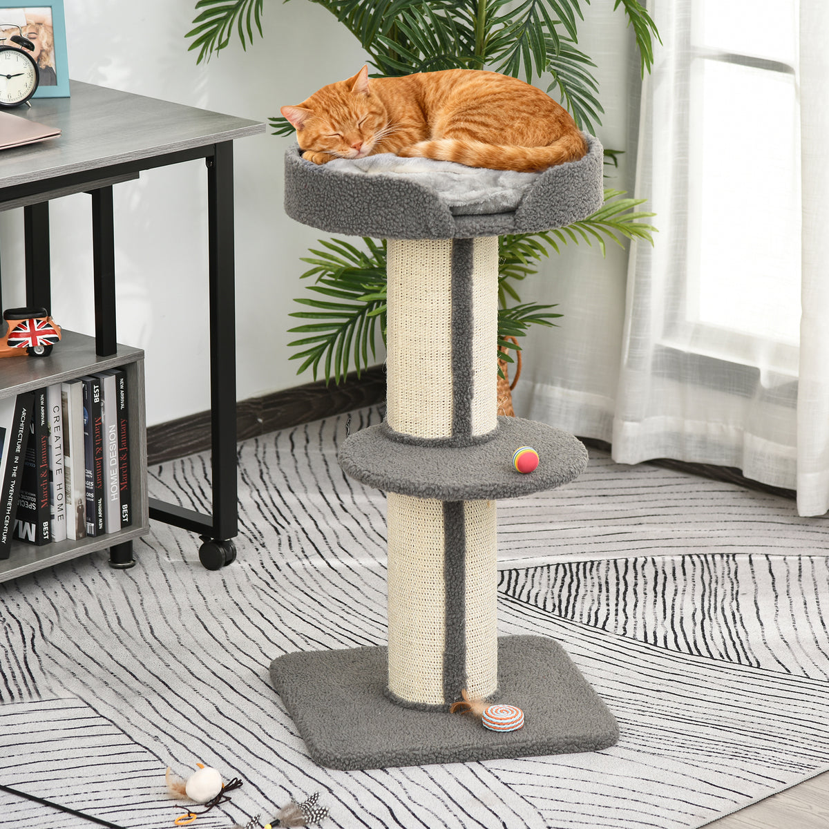 Arranhador para Gatos Altura 91 cm Arranhador para Gatos de 3 Níveis com Ninho Plataforma e Poste de Sisal 45x45x91 cm Cinza — foto 2
