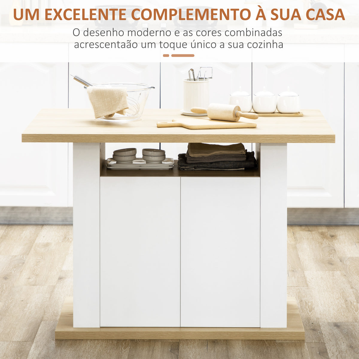 Ilha de Cozinha para 4-6 Pessoas Móvel de Cozinha com 4 Portas Compartimentos Abertos Prateleira Ajustável 110x70x75,5 cm Carvalho e Branco — foto 4