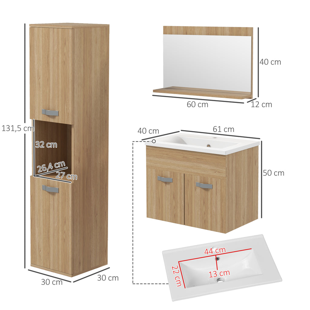 Conjunto de Móveis para Casa de Banho de Parede 3 Peças Inclui Espelho com Prateleira Móvel com Lavatório Cerâmico e Coluna de Casa de Banho Estilo Moderno Madeira — foto 3