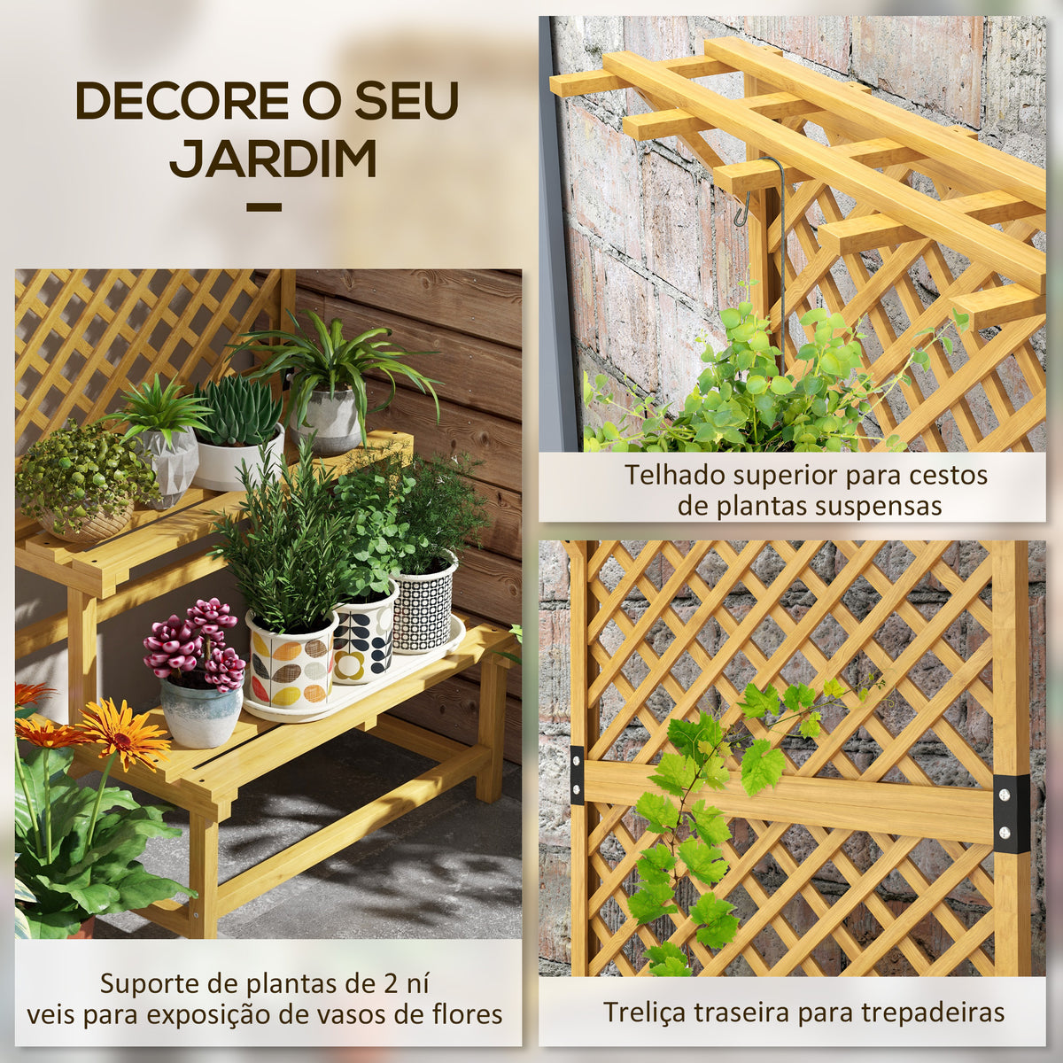 Suporte para Plantas de Madeira com Treliça Suporte para Vasos de 2 Níveis para Jardim Pátio Terraço Varanda 75x50x166 cm Natural — foto 4