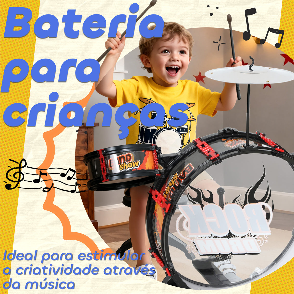 Bateria Infantil com Banco Bateria para Crianças acima de 3 Anos com Tambores Bumbo Prato e Baquetas para Iniciantes 59,5x31,5x59 cm Preto — foto 4