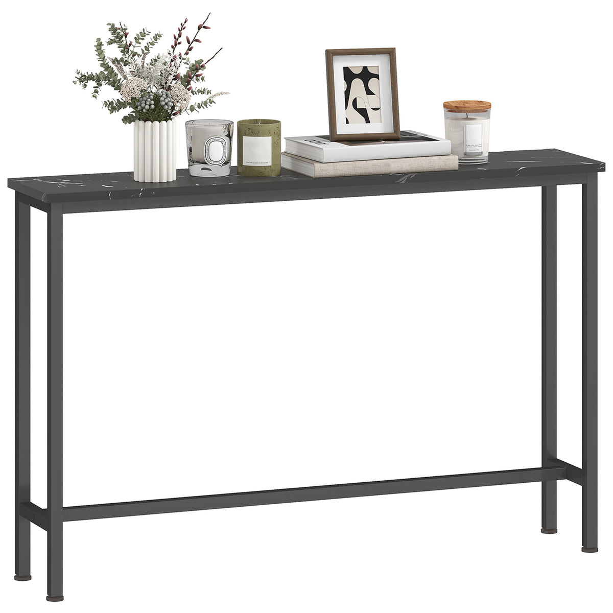 Mesa Consola Moderna Consola de Entrada Estreita Mesa de Sofá com Superfície com Efeito Mármore e Estrutura de Metal para Entrada Sala de Estar 100x20x66 cm Preto — foto 1