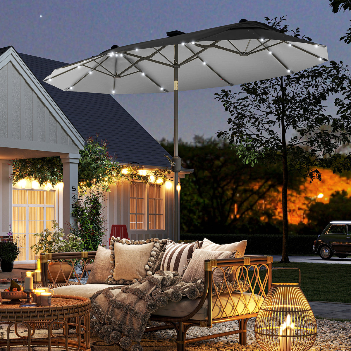 Chapéu de Sol Duplo 295x150x219 cm Chapéu de Sol de Jardim com Luzes LED Solares Teto com Inclinação Ajustável e Manivela Manual para Pátio Piscina Praia Cinza — foto 2