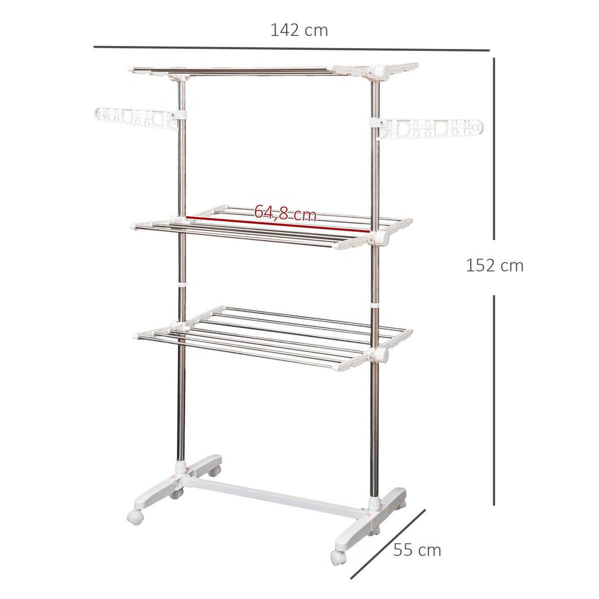 Estendal para Roupa Dobrável 80x55x152cm com 6 Rodas e 3 Prateleiras com Altura Ajustável de Aço Inoxidável Prateado — foto 3