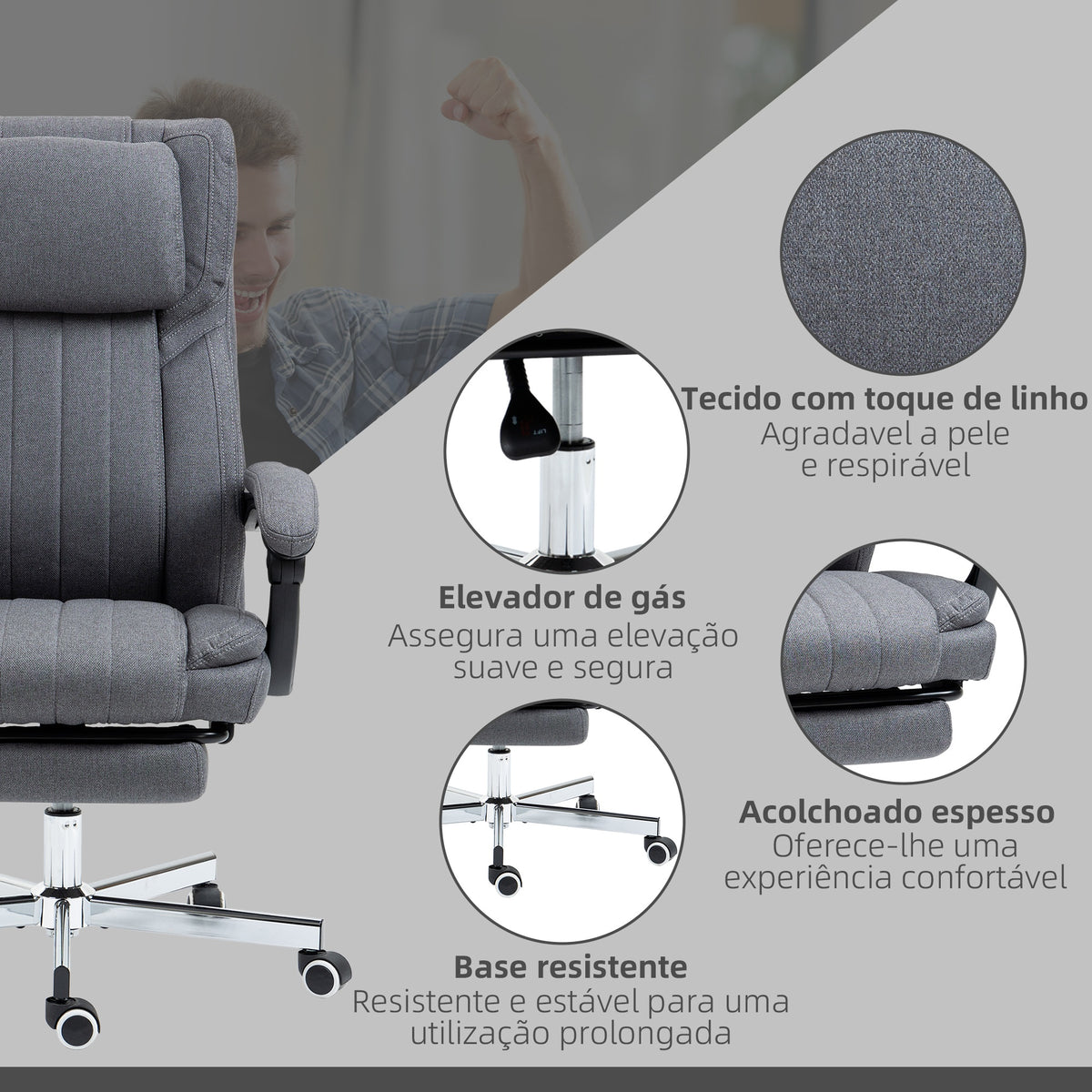 Cadeira de Escritório com 6 Pontos de Massagem por Vibração Cadeira de Escritório Reclinável com Altura Ajustável Controlo Remoto Encosto Alto e Apoio para a Cabeça 65x61x101-113 cm Cinza — foto 9