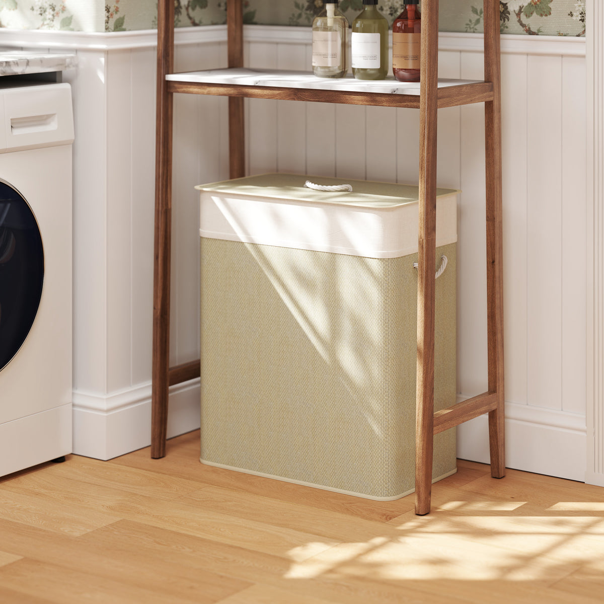Cesto de Roupa com Tampa 100L Cesto para Roupa Suja de Bambu com 2 Compartimentos Bolsa Interior Amóvivel para Lavandaria Casa de Banho 52x32x63 cm Bege e Creme — foto 2