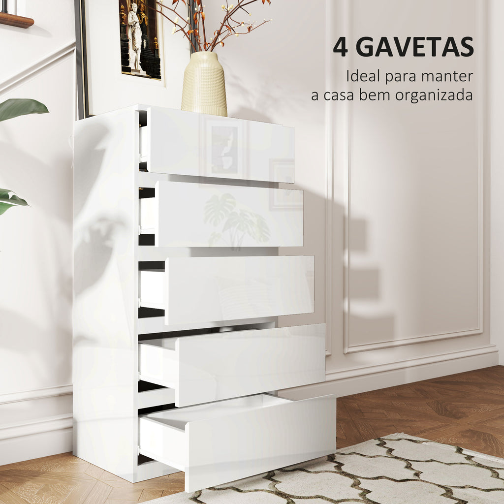 Cómoda com 5 Gavetas de Madeira Cómoda de Dormitório Cómoda Branca para Sala de Estar Estilo Moderno 55x33x100 cm Branco Brilhante — foto 4