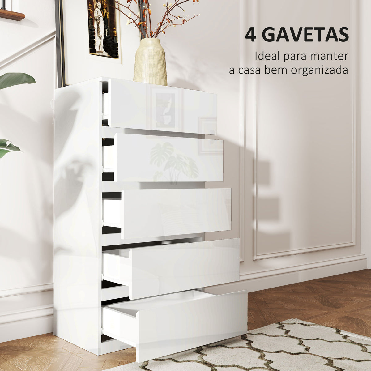 Cómoda com 5 Gavetas de Madeira Cómoda de Dormitório Cómoda Branca para Sala de Estar Estilo Moderno 55x33x100 cm Branco Brilhante — foto 4