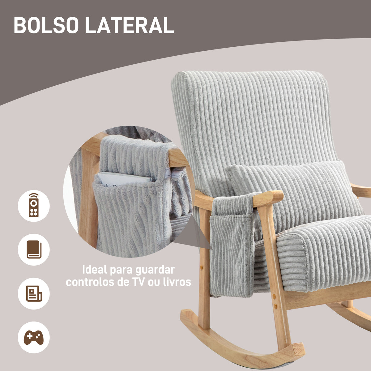 Cadeira de Baloiço, Cadeira de Baloiço em Veludo Cotelê com Almofada Lombar, Estrutura em Madeira, Assento Largo, Bolso Lateral, Estilo Moderno, Carga Máxima 120 kg, para Quarto e Sala, Cinzento — foto 5