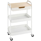 Carrinho de Cozinha com Rodas Carrinho de Armazenamento com Gaveta 2 Prateleiras e Rodas com Freios para Casa de Banho Sala de Estar Dormitório 43,9x30,5x75,6cm Branco e Madeira Natural — foto 1