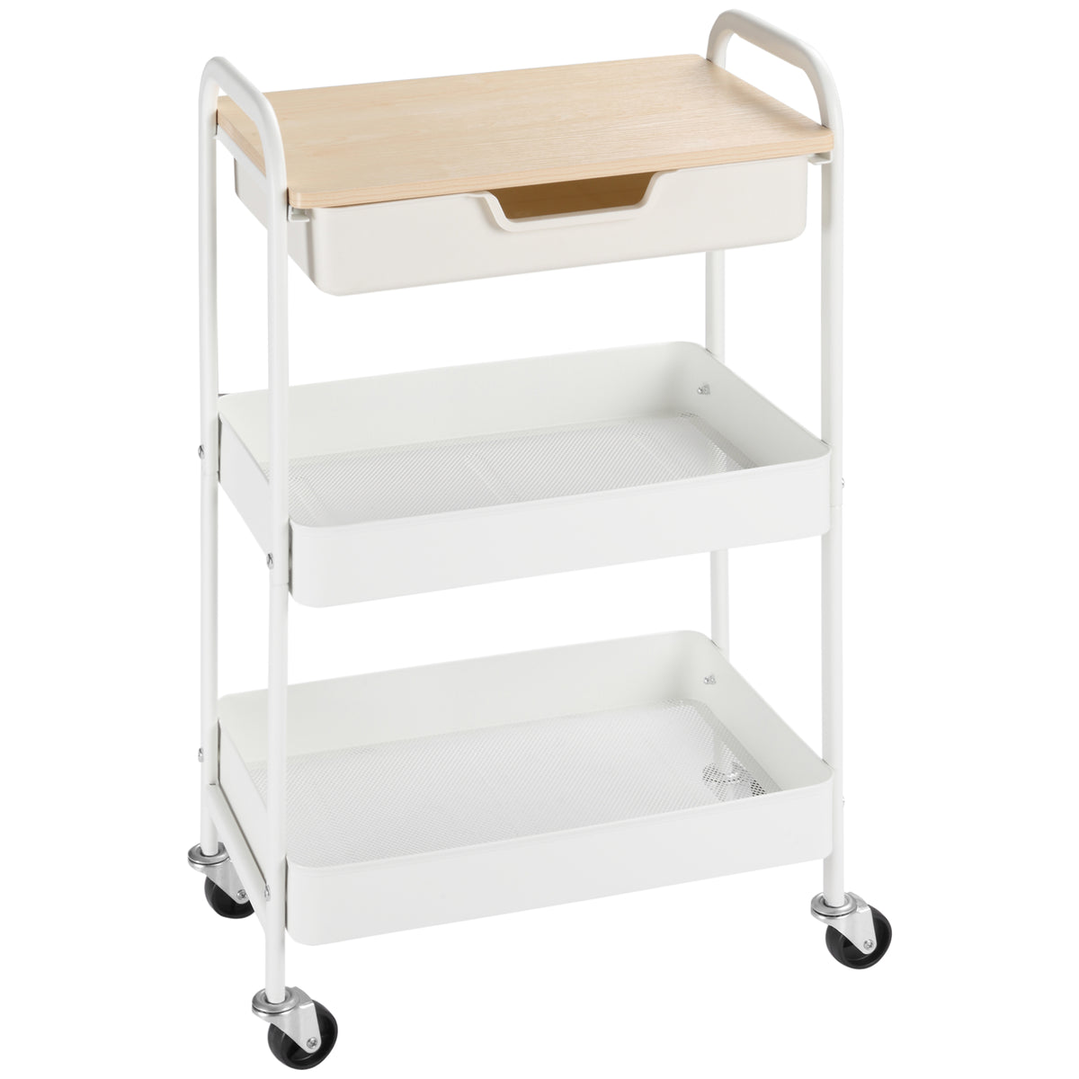 Carrinho de Cozinha com Rodas Carrinho de Armazenamento com Gaveta 2 Prateleiras e Rodas com Freios para Casa de Banho Sala de Estar Dormitório 43,9x30,5x75,6cm Branco e Madeira Natural — foto 1