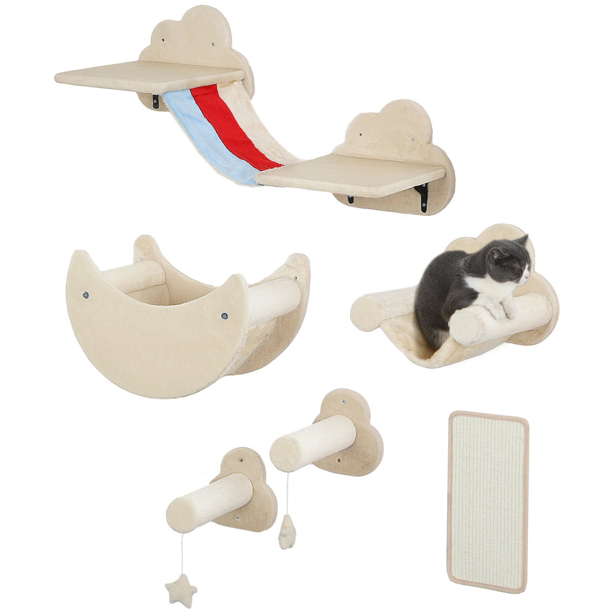 Conjunto de Prateleiras de Escalada para Gatos de 6 Peças Tema Céu Prateleiras para Gatos com Redes Plataformas Escadas Tábua de Arranhar Poste de Sisal e Estrelas de Brinquedo Bege — foto 1