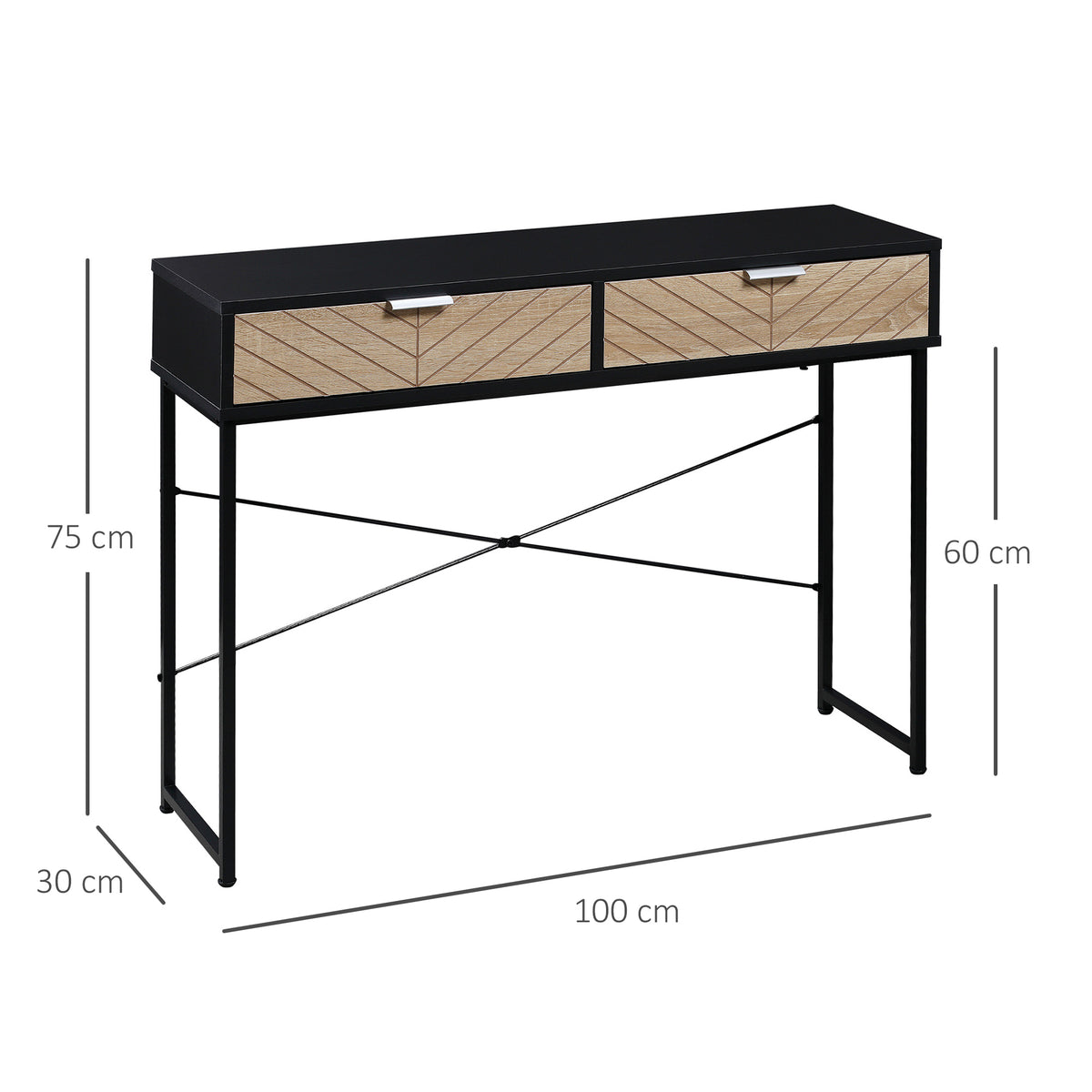 Mesa Consola 100x30x75cm Mesa de Entrada Moderno com 2 Gavetas de Armazenamento e Estrutura de Metal para Corredor Sala de Estar Preto e Madeira — foto 3