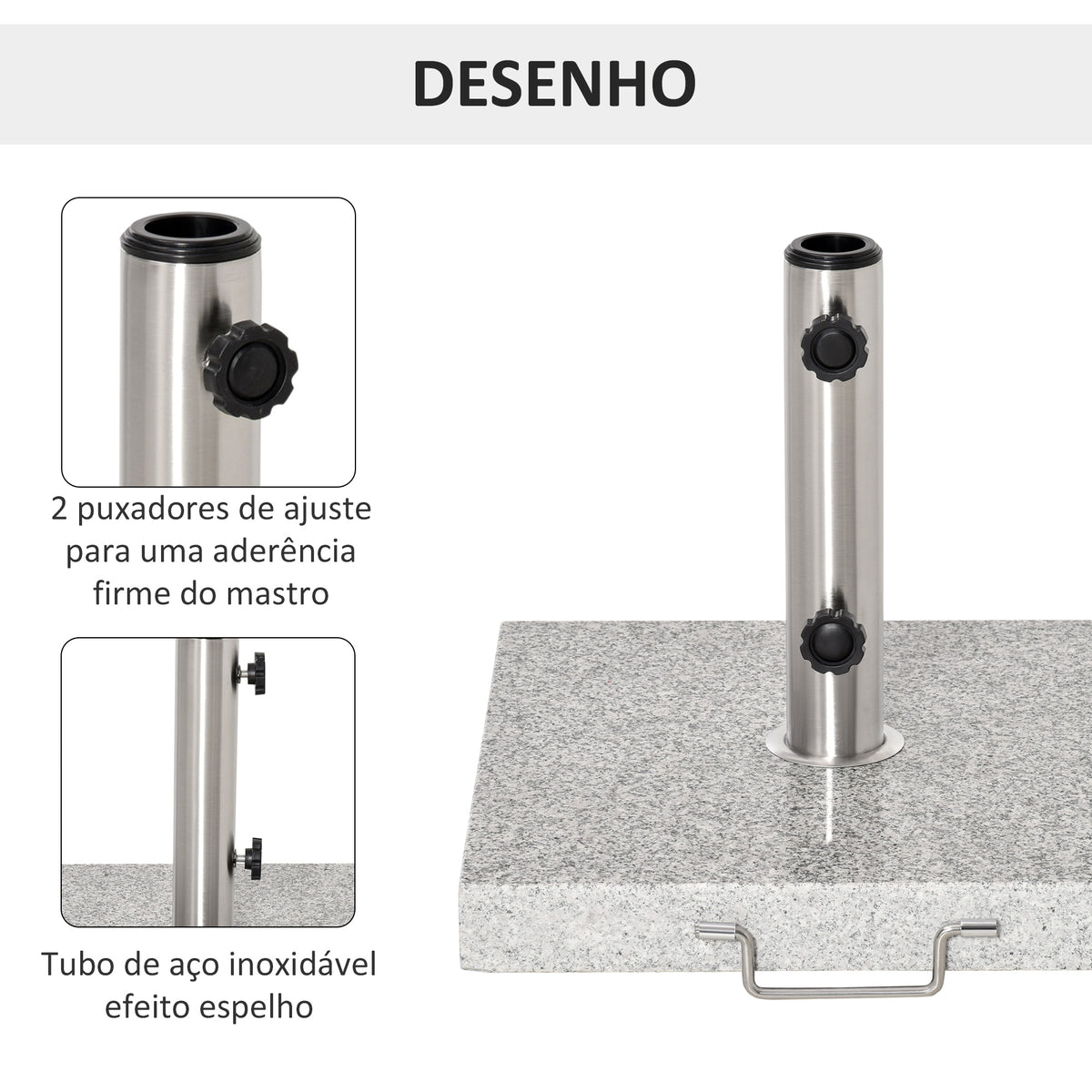 Base para Chapéu de Sol de Mármore Universal com 2 Rodas e Alça de Transporte para Mastros de Ø35/38/42mm Suporte para Chapéu de Sol de Exterior 42x42x36cm Cinza — foto 7