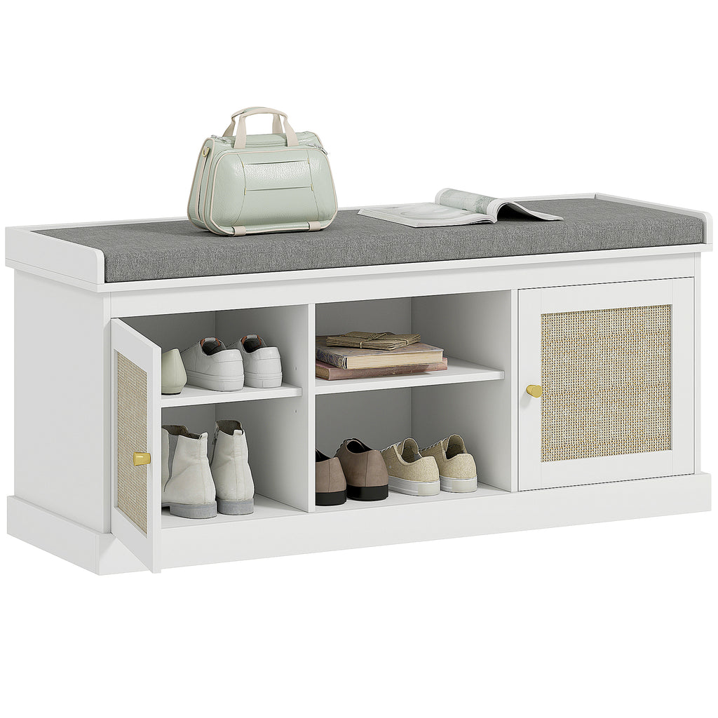 Banco Sapateira Móvel Sapateira Boémio com Assento Acolchoado Portas com Frente em Vime Prateleira Aberta Prateleira Ajustável para 9 Pares de Sapatos para Entrada 105x35x47 cm Branco — foto 1