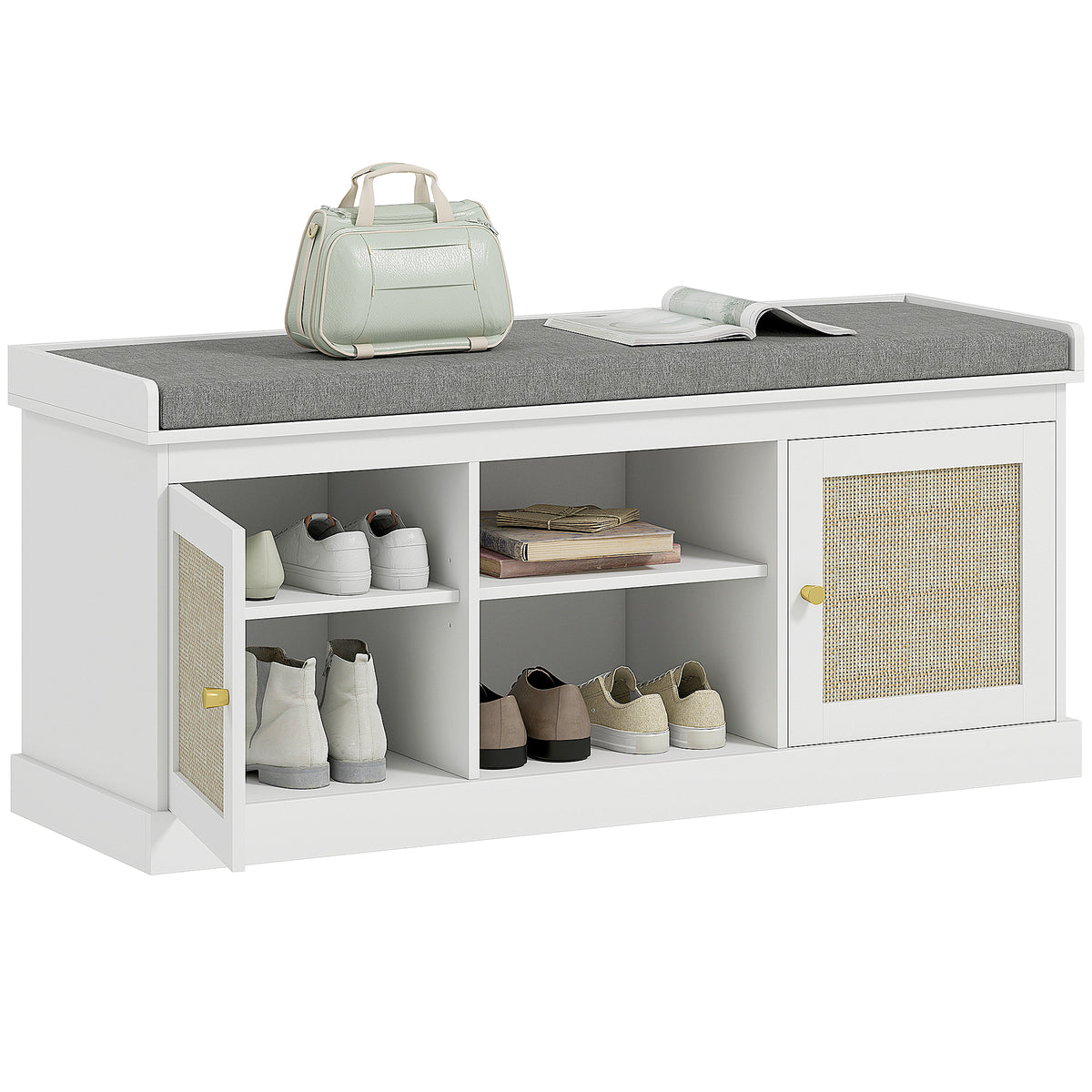 Banco Sapateira Móvel Sapateira Boémio com Assento Acolchoado Portas com Frente em Vime Prateleira Aberta Prateleira Ajustável para 9 Pares de Sapatos para Entrada 105x35x47 cm Branco — foto 1