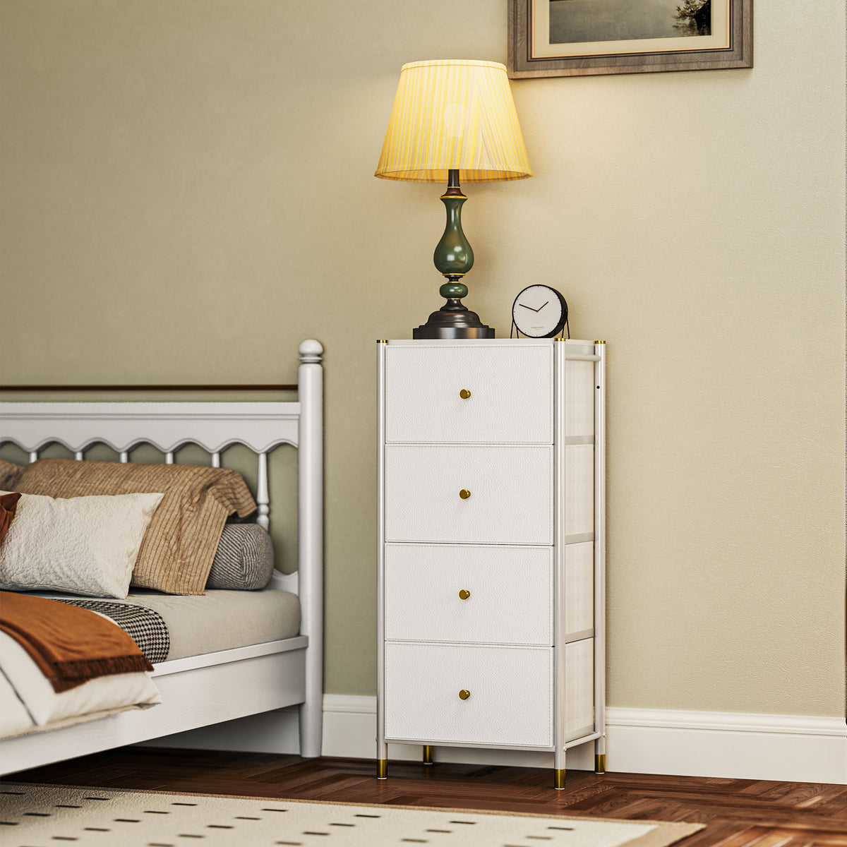 Cómoda para Dormitório Cómoda de Tecido com 4 Gavetas Dobráveis com Frentes de Couro PU e Estrutura de Aço Cómoda para Dormitório 46x30x98 cm Branco — foto 8