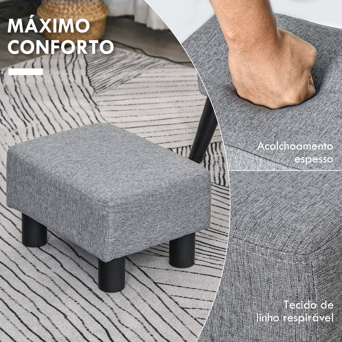 Apoio para os Pés de Sala de Estar Banco Baixo em Linho Banco Retangular com Estrutura de Madeira para Sala de Estar Dormitório 40x30x24 cm Cinzento — foto 4