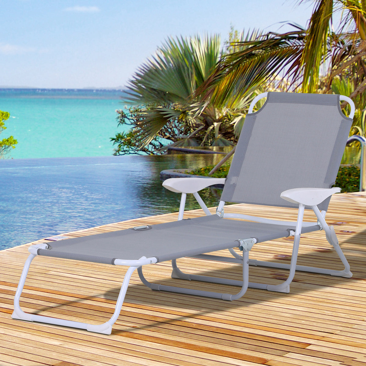 Espreguiçadeira de jardim reclinável e dobrável com encosto ajustável em 4 posições Armação de metal textilene 160x66x80 cm cinza — foto 2