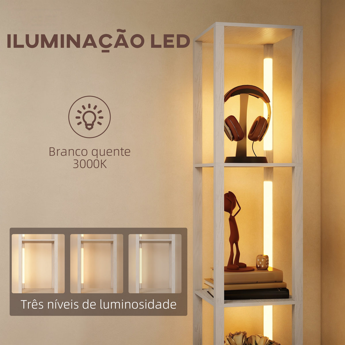 Candeeiro de Pé Moderno 169 cm com Prateleiras Abertas Candeeiro de Pé para Sala de Estar com Gaveta de Tecido e Interruptor de Pé Branco — foto 5