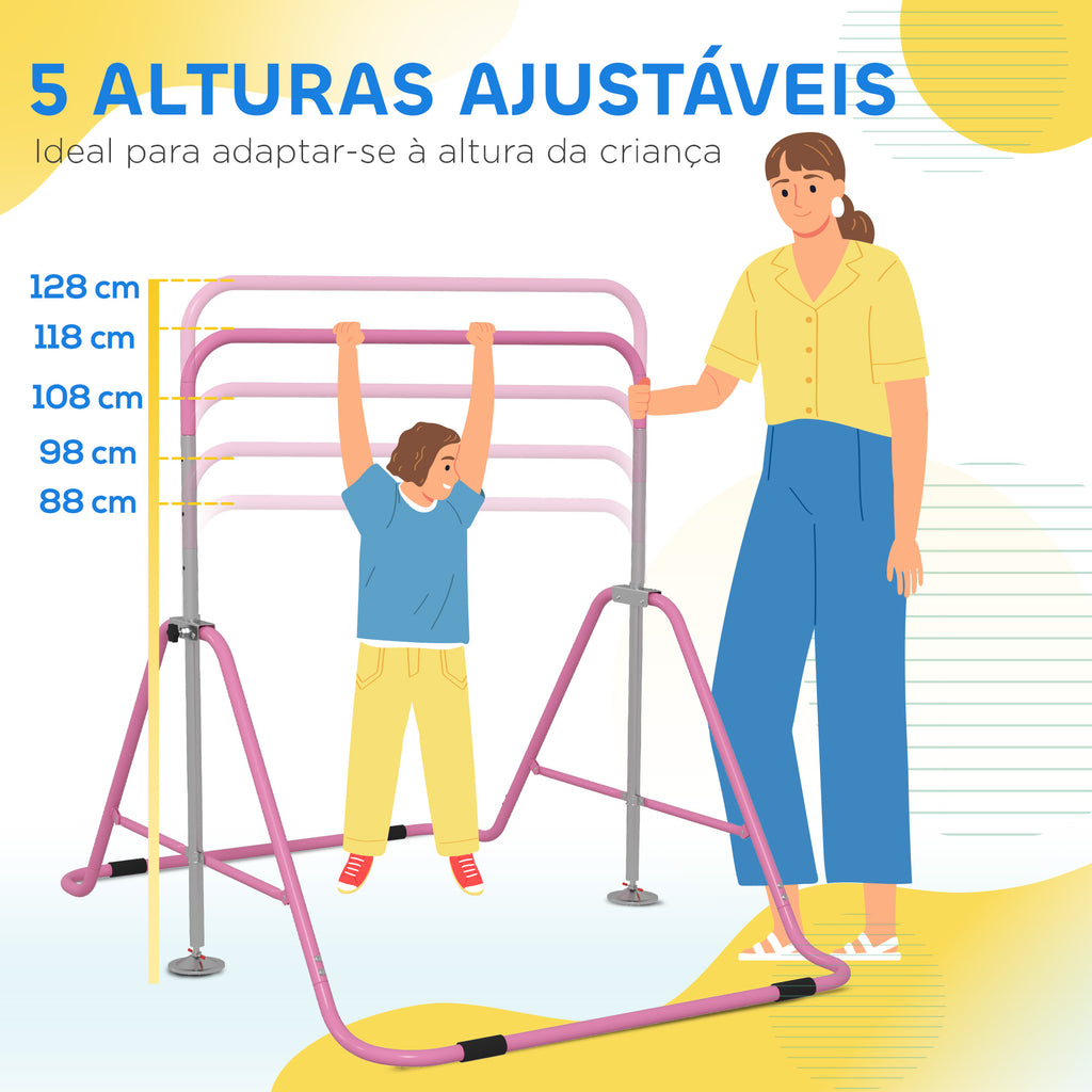 Barra de Ginástica Artística Barra Horizontal Dobrável com Altura Ajustável Equipamento de Ginástica para Treino em Casa para Crianças 154x106,2x88,5-128,5 cm Rosa — foto 4