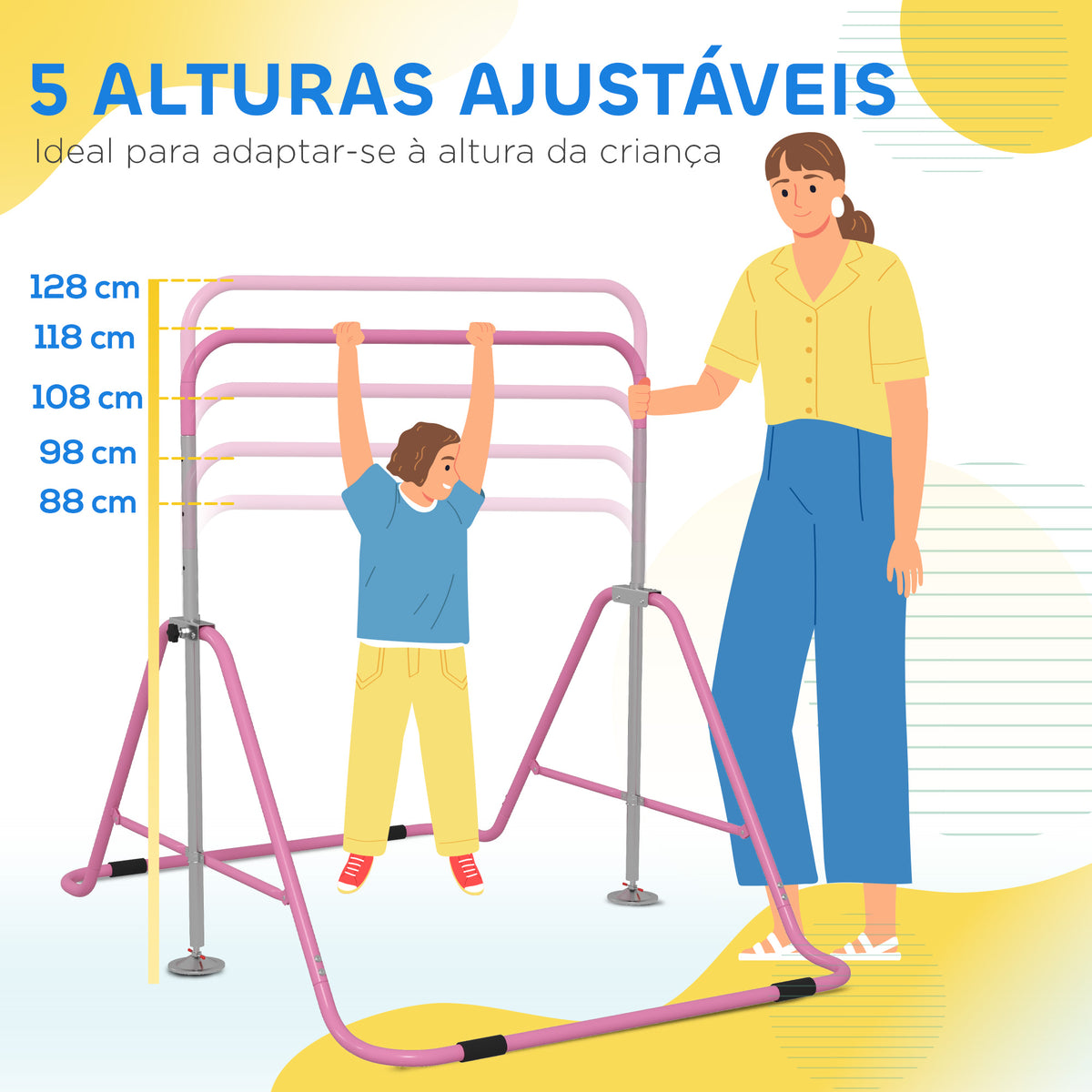 Barra de Ginástica Artística Barra Horizontal Dobrável com Altura Ajustável Equipamento de Ginástica para Treino em Casa para Crianças 154x106,2x88,5-128,5 cm Rosa — foto 4