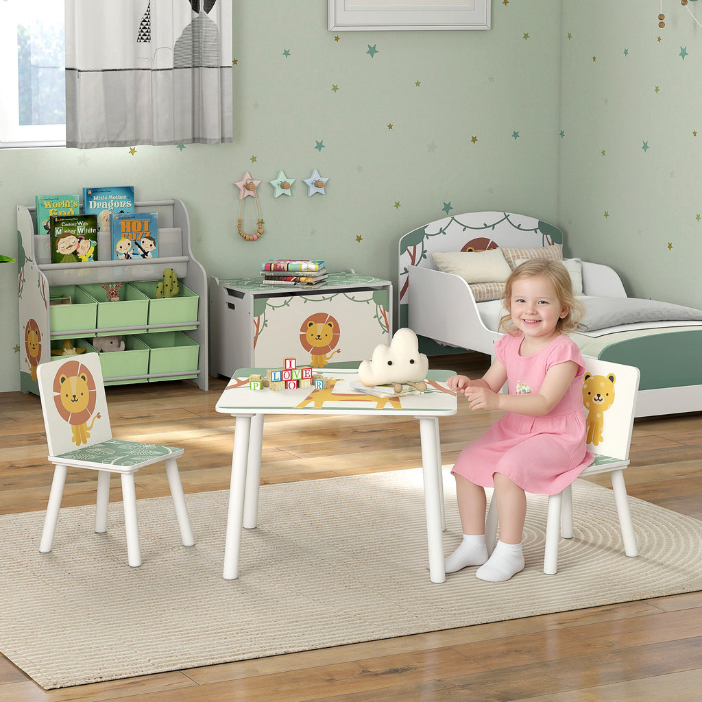 Mesa e Cadeiras para Crianças de 3 Peças Mesa Infantil com 2 Cadeiras em Madeira Conjunto de Móveis com Desenhos de Leões para Crianças Acima de 3 Anos para Quarto Sala de Jogos Verde — foto 2
