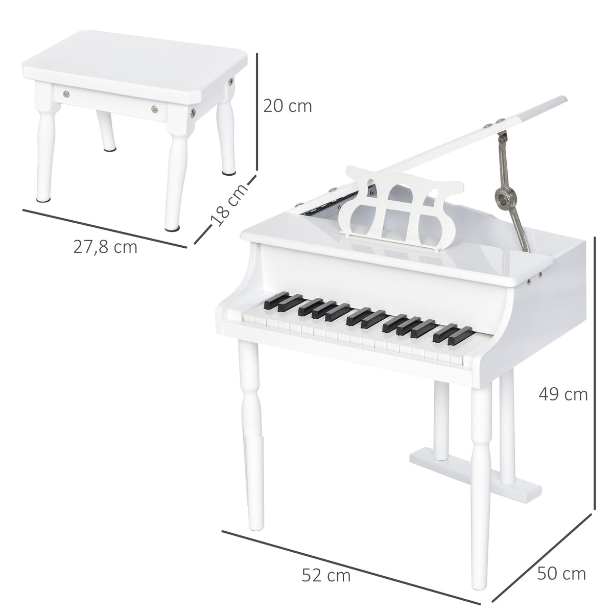 Piano de Cauda Infantil com 30 Teclas Banco Suporte de Partituras Piano para Crianças de MDF Instrumento Musical Educativo 52x50x49cm Branco — foto 3