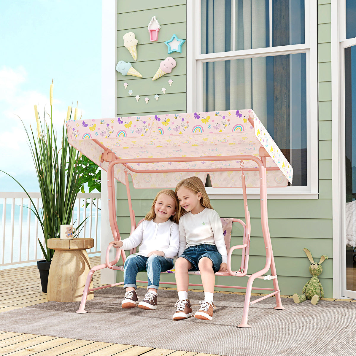 Baloiço de Jardim para Crianças acima de 3 Anos Baloiço Infantil de Exterior com 2 Lugares Toldo Ajustável Cinto de Segurança e Desenho de Borboletas 112x75x120 cm Rosa — foto 2
