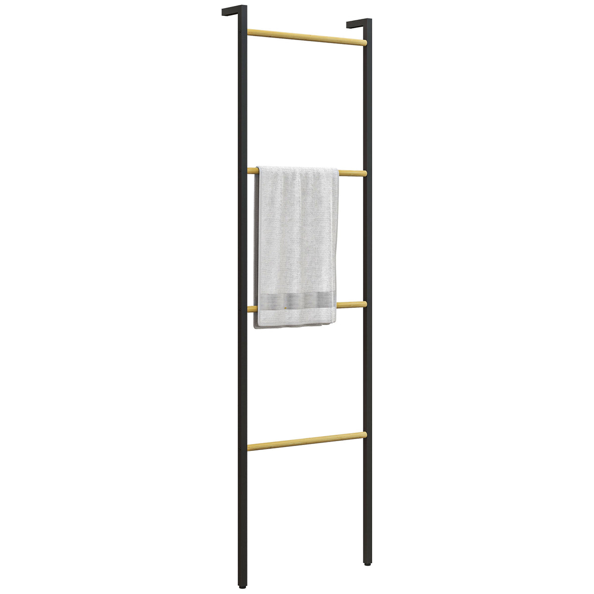 Toalheiro de 4 Níveis Toalheiro Escada Apoiado na Parede Toalheiro Casa de Banho com 4 Barras de Bambu e Estrutura de Aço 49x5,5x167,5 cm Preto e Madeira — foto 1