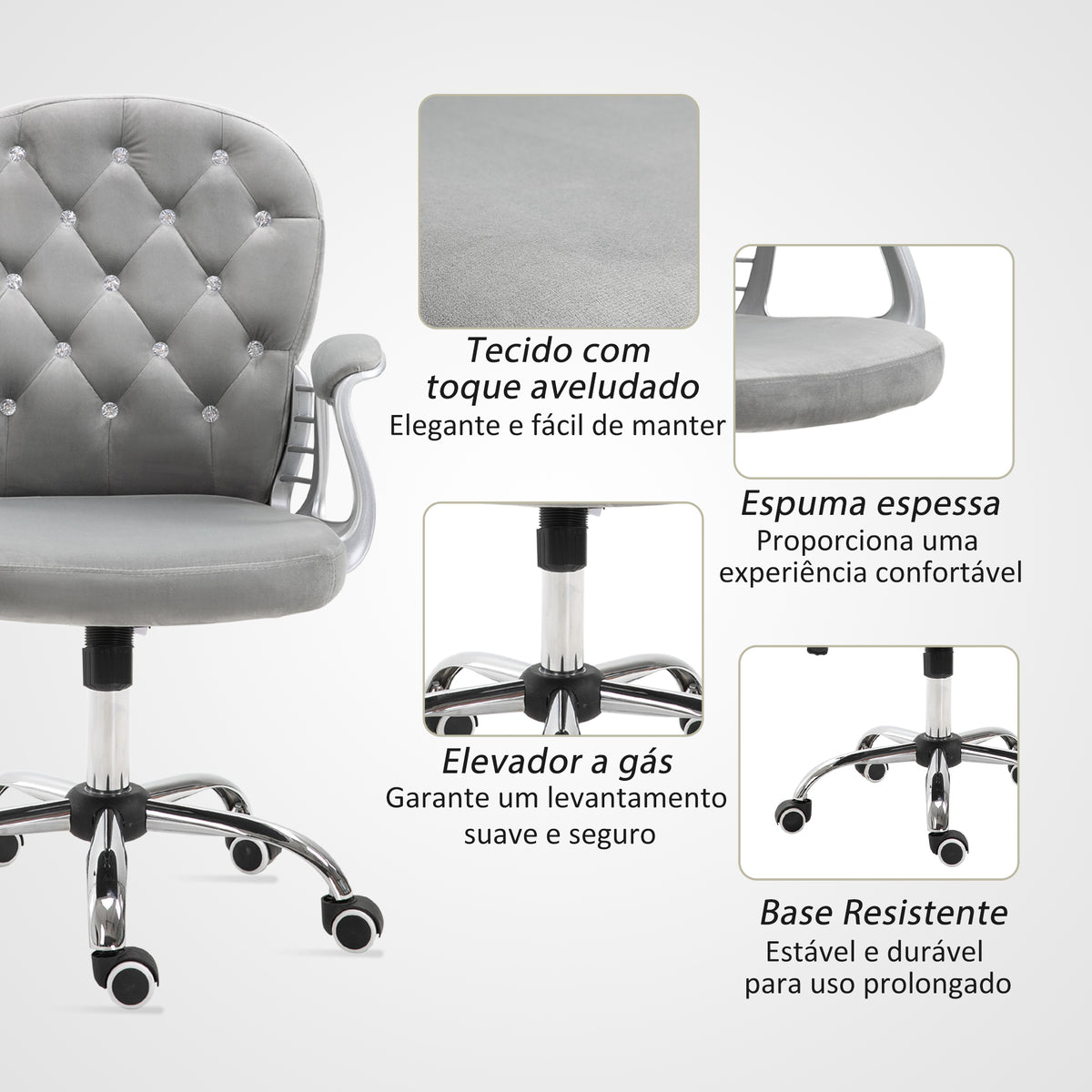 Cadeira de Escritório Estofada em Veludo Cadeira Giratória com Altura Ajustável Apoio para os Braços e Decorações de Cristal Carga 120 kg Cadeira para Estudio Dormitório 59,5x60,5x95-105 cm Cinzenta — foto 5