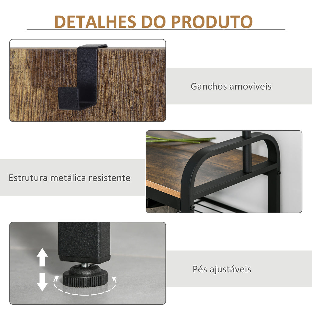 Móvel Cabide de Entrada com 8 Ganchos e Sapateira Armário de Entrada com Cabides 72x34x185cm Marrom Rústico e Preto — foto 6