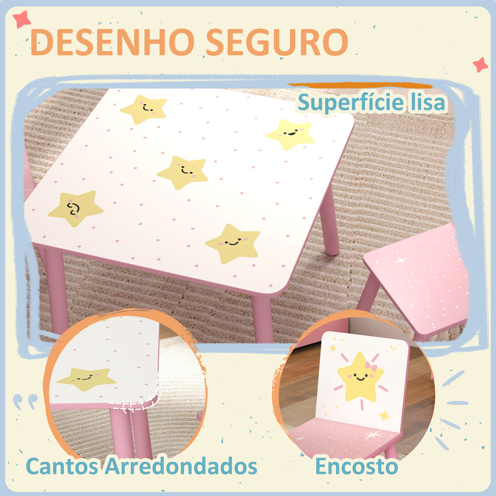 Mesa e Cadeiras para Crianças de 3 Peças Mesa Infantil com 2 Cadeiras em Madeira Conjunto de Móveis com Desenhos de Estrelas e Sol para Crianças Acima de 3 Anos para Quarto Sala de Jogos Rosa — foto 6