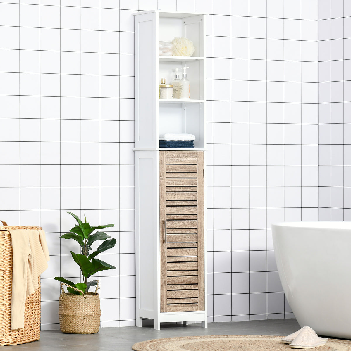 Armário Alto de Casa de Banho com Prateleiras Ajustáveis e 1 Porta Móvel Auxiliar de Armazenamento para Sala de Estar Cozinha Anti-Rolamento 34x26x172cm Branco — foto 2
