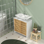 Móvel para Lavatório Móvel Sob Lavatório Moderno com Portas Magnéticas de Bambu e Estante Ajustável 60x30x60 cm Branco e Madeira — foto 7