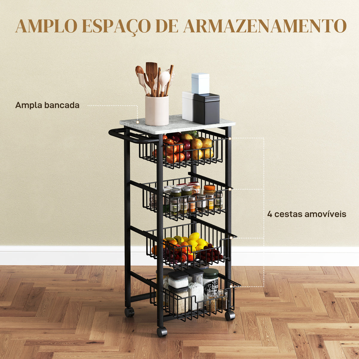 Fruteira para Cozinha Carrinho de Cozinha com 4 Cestas e Estrutura de Aço Carrinho Auxiliar com Rodas para Sala de Jantar 49,5x31x91 cm Cinza Claro — foto 4