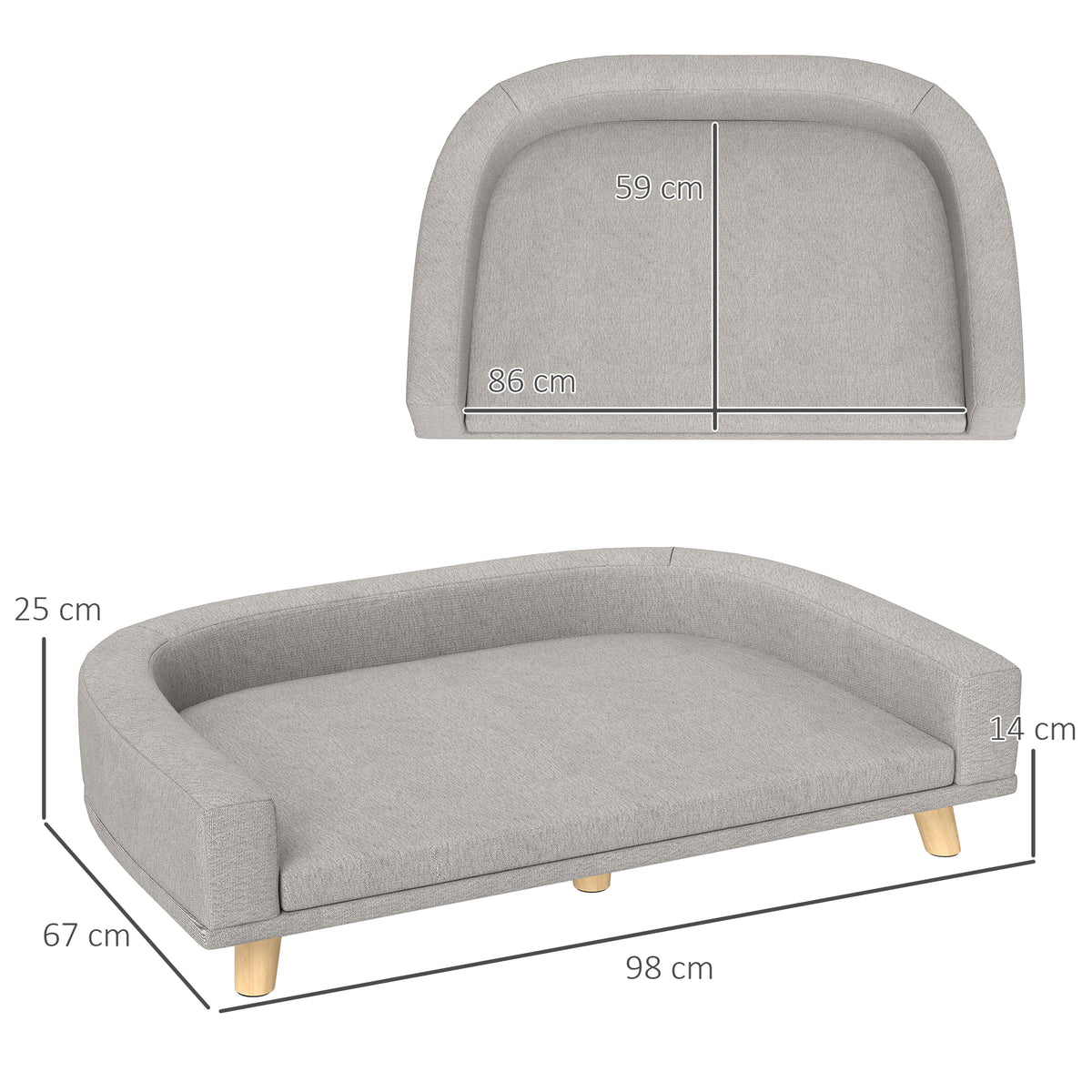 Sofá para Cães Cama Elevada para Cães Estofada com Almofada Lavável e Pés de Madeira de Pinho Carga Máxima 40 kg 98x67x25 cm Cinza — foto 3