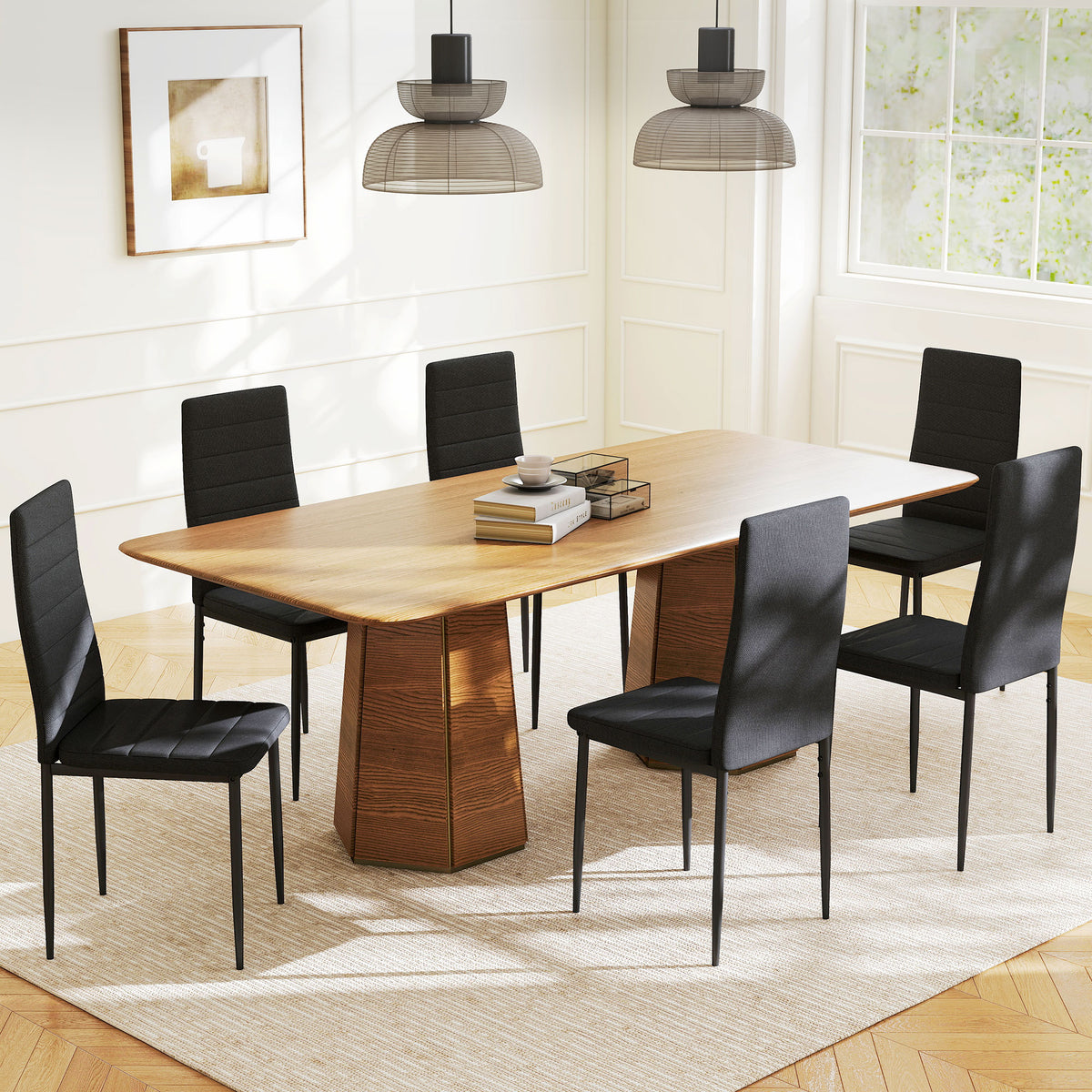 Conjunto de 6 Cadeiras de Sala de Jantar Estofadas em Linho com Pernas em Metal Cadeiras Modernas para Cozinha Quarto Suporta até 120 kg 41x50x97 cm Preto — foto 2