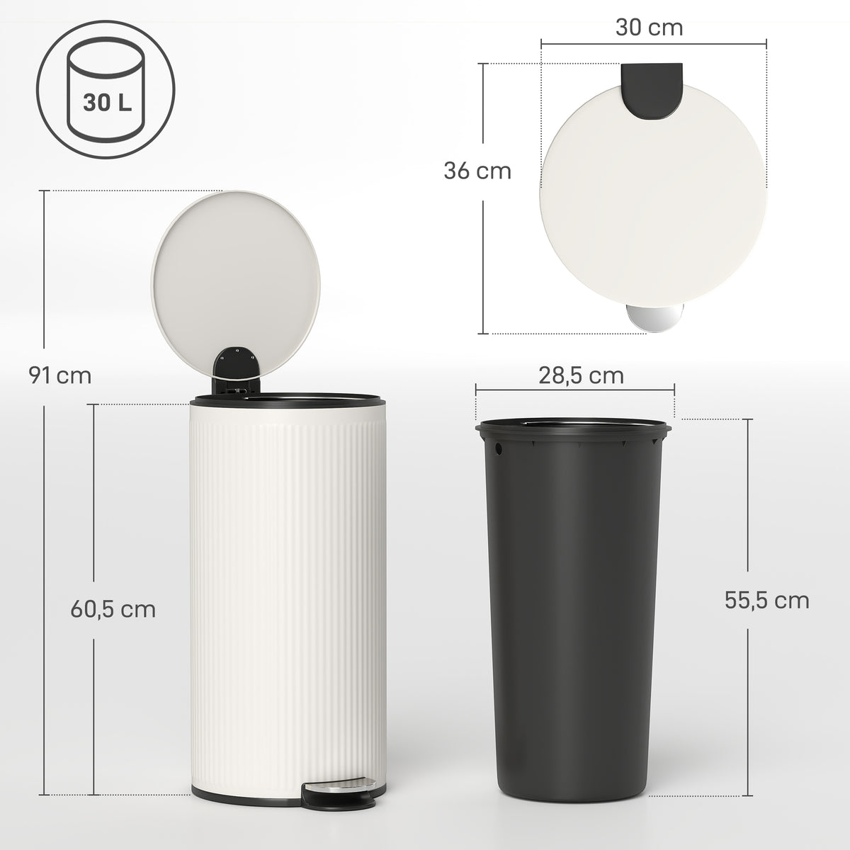 Balde do Lixo para Cozinha com Pedal 30L Cubo de Lixo Metálico com Tampa de Fecho Suave e Balde Removível para Quarto Escritório Estúdio e Sala 36x30x60,5 cm Creme — foto 3