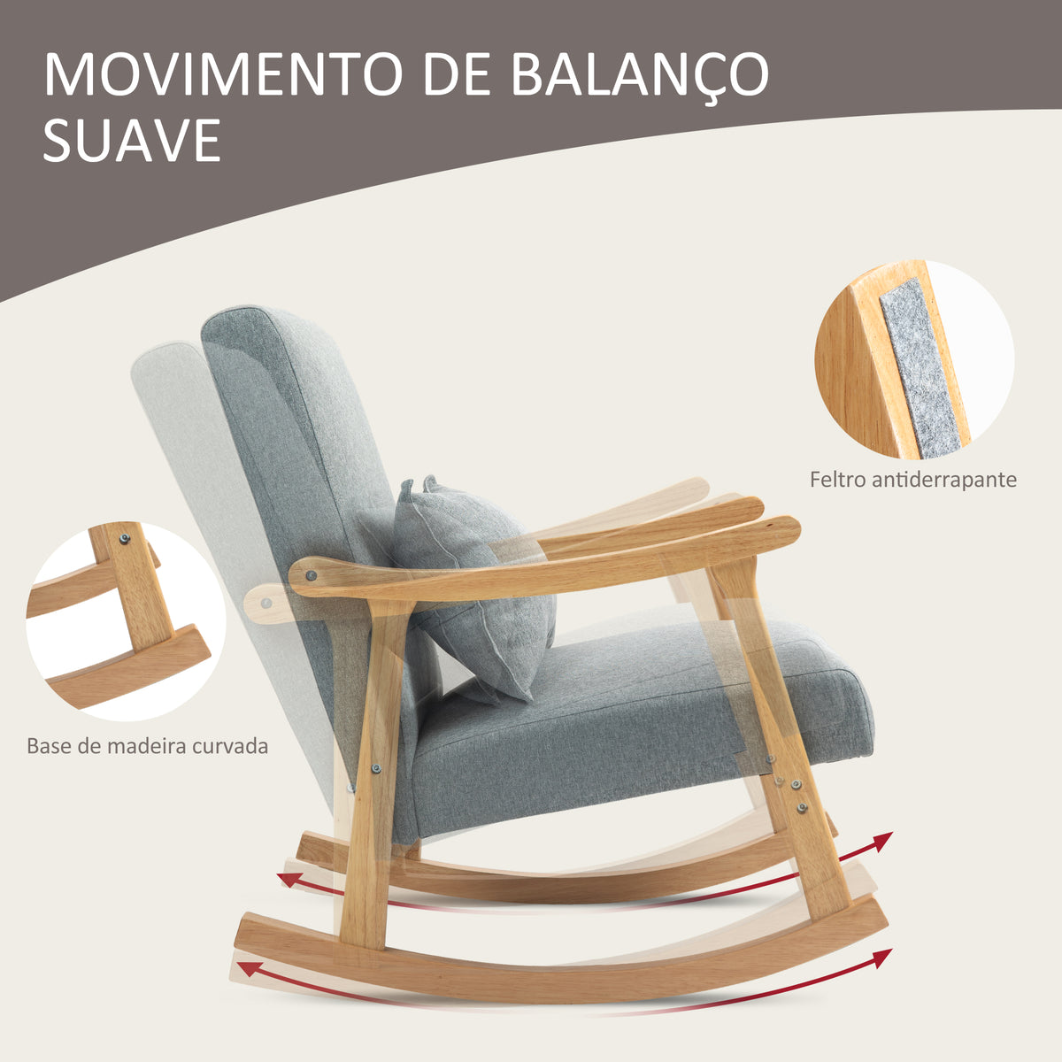 Poltrona Baloiço Moderna Poltrona de Amamentação com Almofada Lombar Encosto Amplo e Base de Madeira Carga 120 kg Poltrona Baloiço para Sala de Estar Dormitório 65x87x84 cm Cinza Claro — foto 4