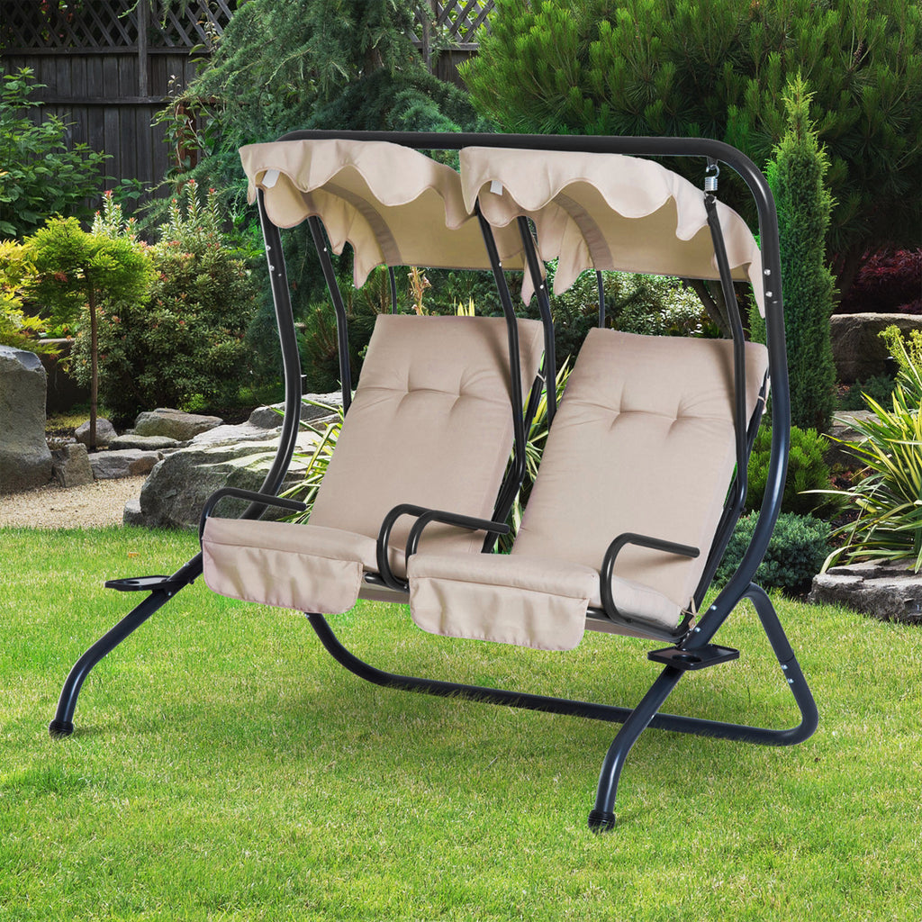 Baloiço de Jardim com 2 Lugares Individuais com Teto e Suporte para Bebida para Terraço Balcão Exterior 170x136x170 cm Bege — foto 5