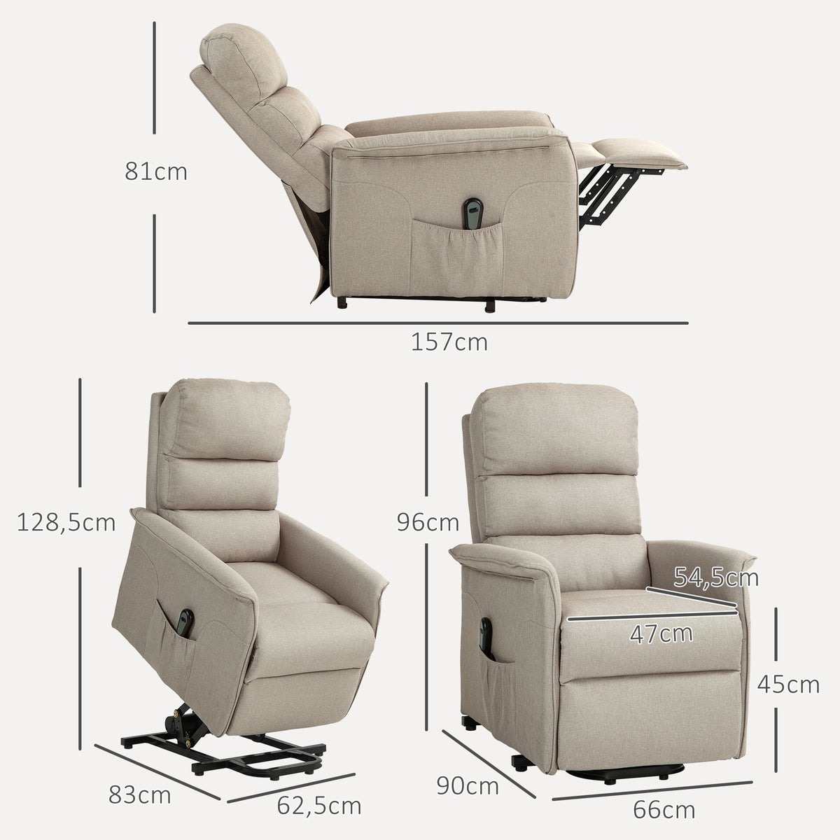 Poltrona Relax Reclinável Elétrica Poltrona Levanta Pessoas com Controlo Remoto e Bolso Lateral Poltrona Elétrica para Sala de Estar Dormitório 66x90x96 cm Bege — foto 3