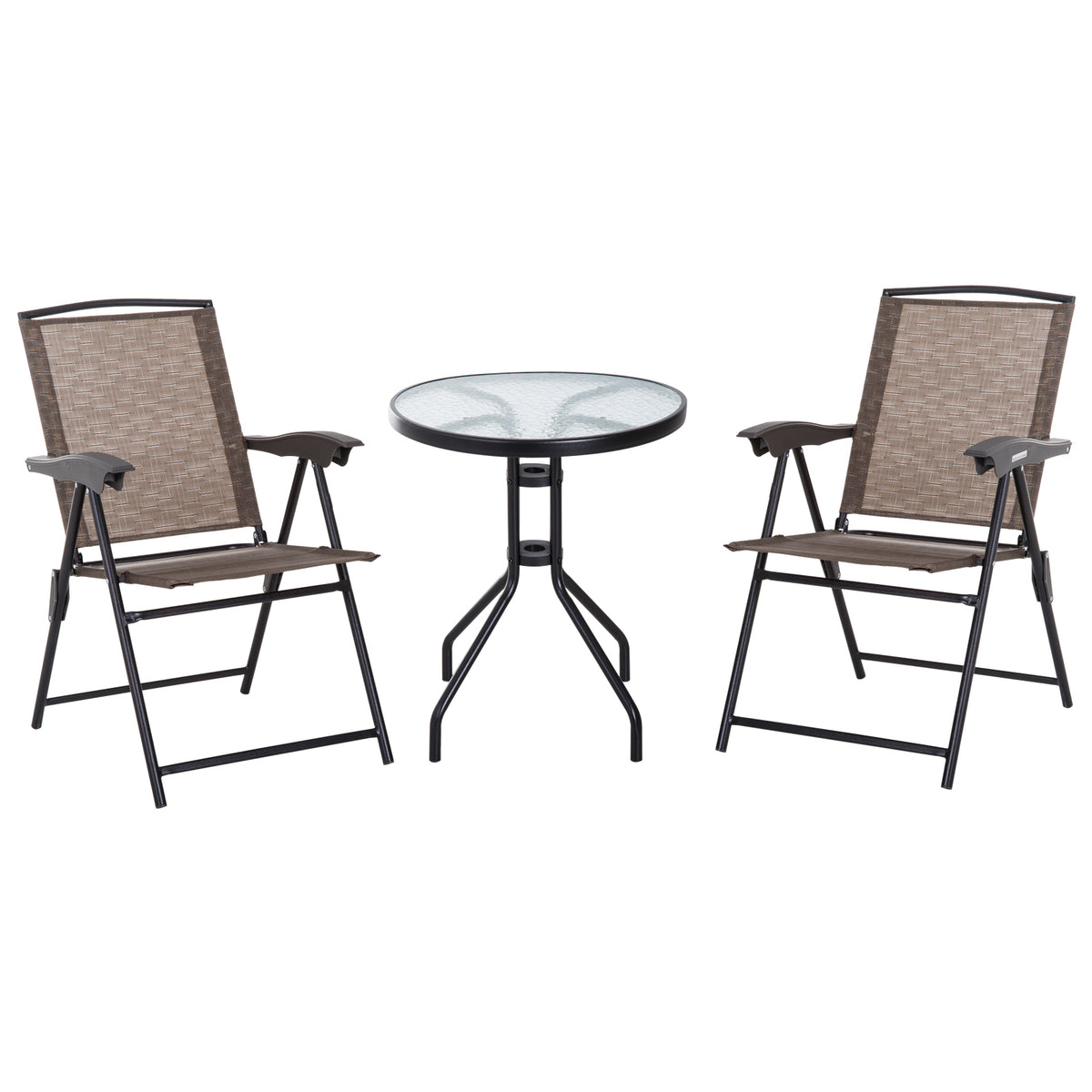 Conjunto de Mesa e 2 Cadeiras Cadeira Dobrável Encosto Reclináveis a 4 Níveis Armação de Aço Marrom — foto 1
